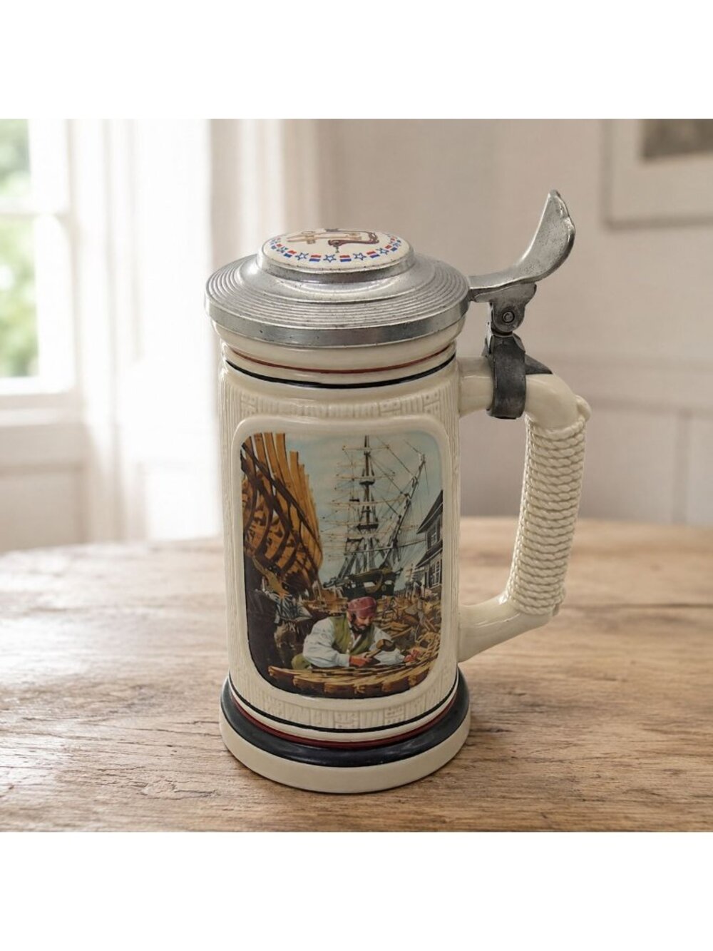AVON 1986 Shipbuilder STEIN with Pewter Lid Brazil Vintage 9" Tall